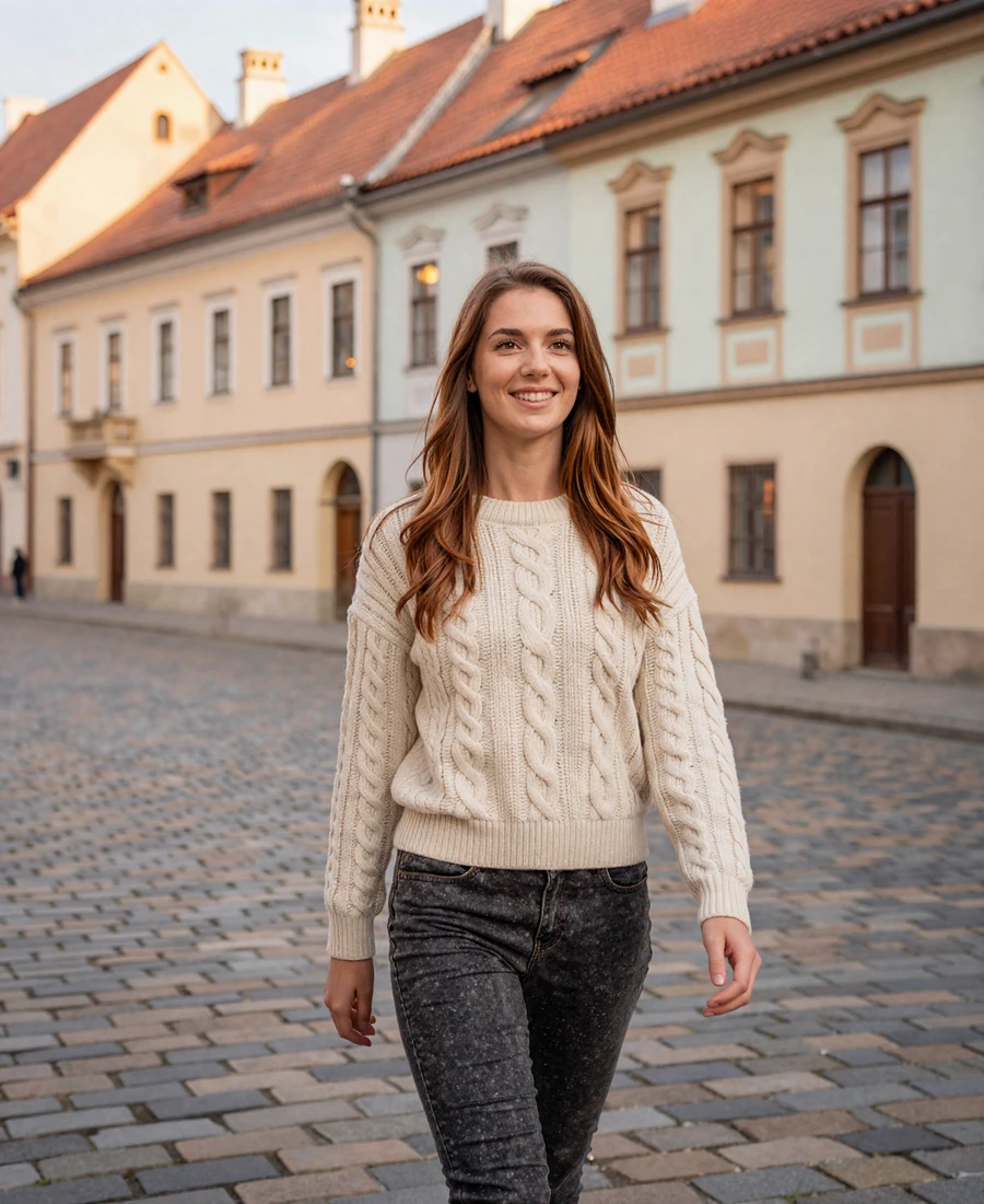 Verified Slovak woman from Bratislava in cream sweater walking Old Town cobbled street, Slovakian women dating platform member