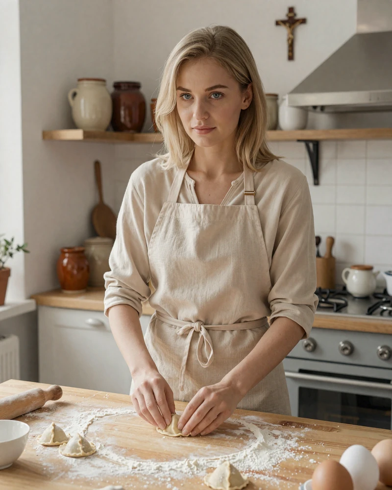 Polish woman preparing traditional pierogi in warm Krakow kitchen showing Catholic family-oriented culture