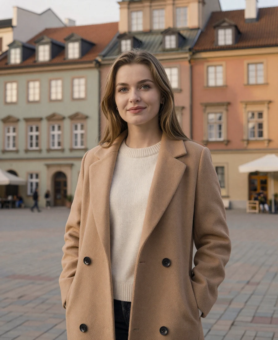 Verified Polish woman from Warsaw in ivory sweater and camel coat, representing Polish women dating platform members