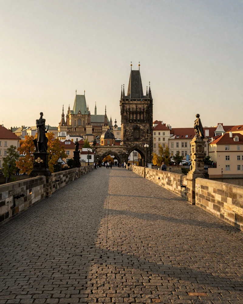 Prague Charles Bridge at golden hour representing romantic Czech dating atmosphere