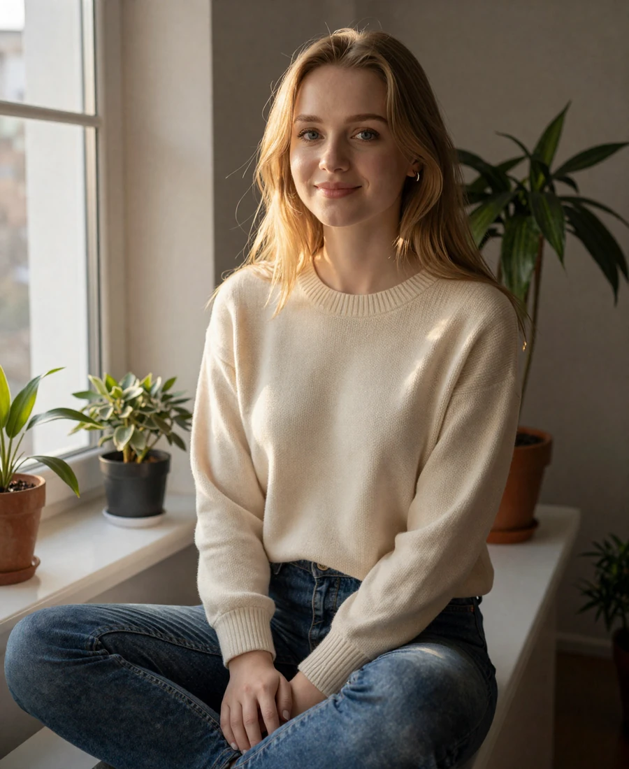 Smiling Ukrainian woman in a sunny Kyiv apartment representing verified Slavic women dating members