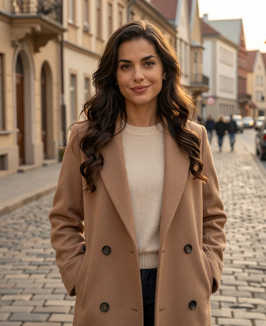 Verified Romanian woman from Bucharest in cream sweater and camel coat, representing Romanian women dating platform members