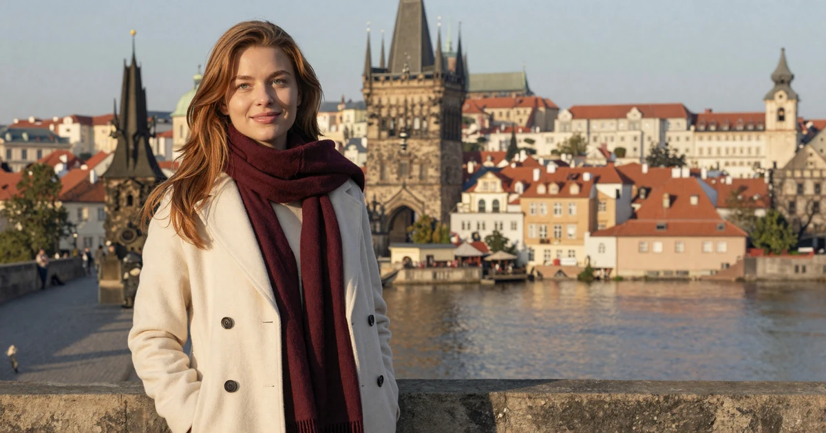 Verified Czech woman in cream wool coat on Charles Bridge Prague, Czech women dating platform member