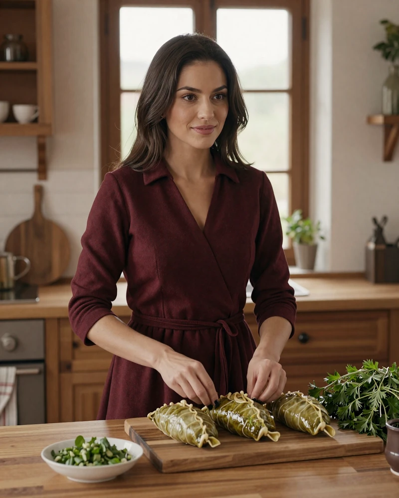Romanian woman preparing traditional sarmale cabbage rolls in warm Bucharest kitchen showing Latin-Slavic family culture