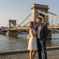 Richard and Reka engagement photo, American-Hungarian couple on Budapest Chain Bridge