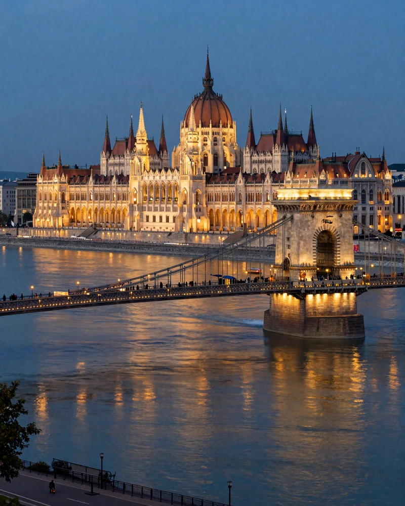 Budapest Parliament and Danube river at blue hour showing Hungarian capital romantic lifestyle