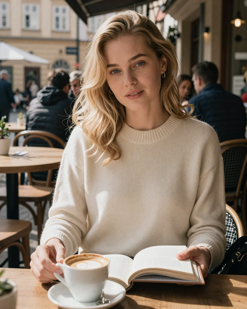 Czech woman in ivory sweater reading in sunlit Prague cafe representing educated West Slavic elegance