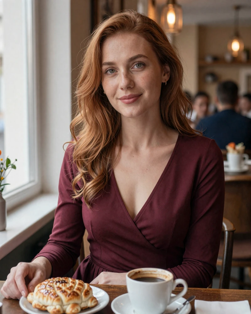 Moldovan woman in burgundy dress at Chisinau cafe representing warm Romanian-Slavic family-oriented culture