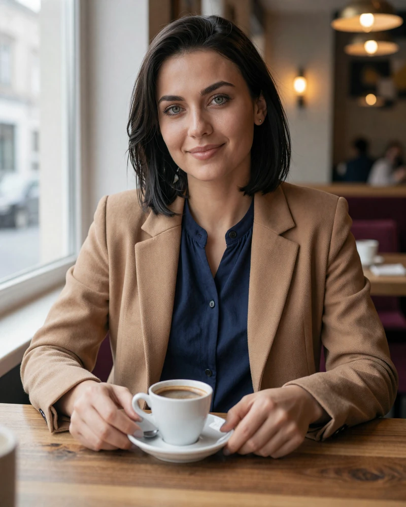 Bulgarian woman in navy blouse sitting in cozy Sofia cafe with traditional Bulgarian coffee representing warm family-oriented culture