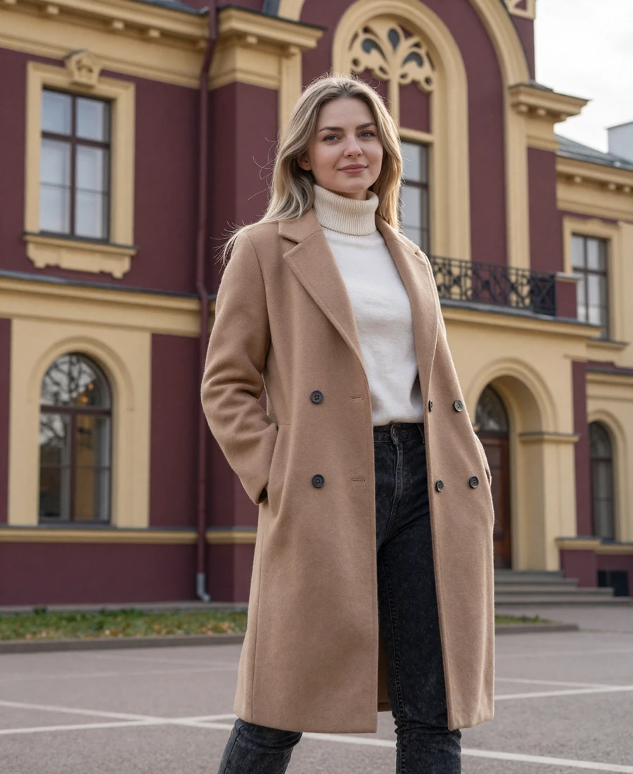 Verified Belarusian woman from Minsk in camel coat standing near National Library, Belarusian women dating platform member