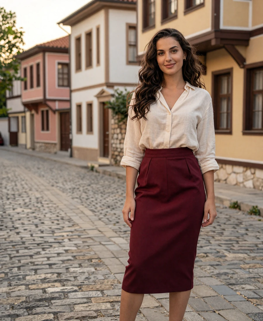 Verified Bulgarian woman from Plovdiv in cream blouse walking old town cobbled street, Bulgarian women dating platform member