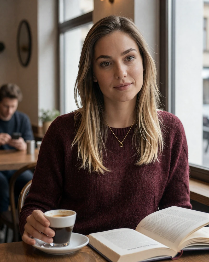 Hungarian woman in burgundy sweater reading in Budapest coffeehouse representing Central European sophistication and family-oriented culture