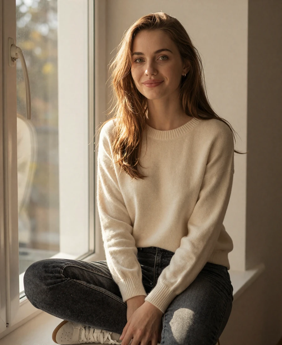Young Ukrainian woman in cream sweater smiling by a sunlit Kyiv window, embodying traditional Slavic dating values