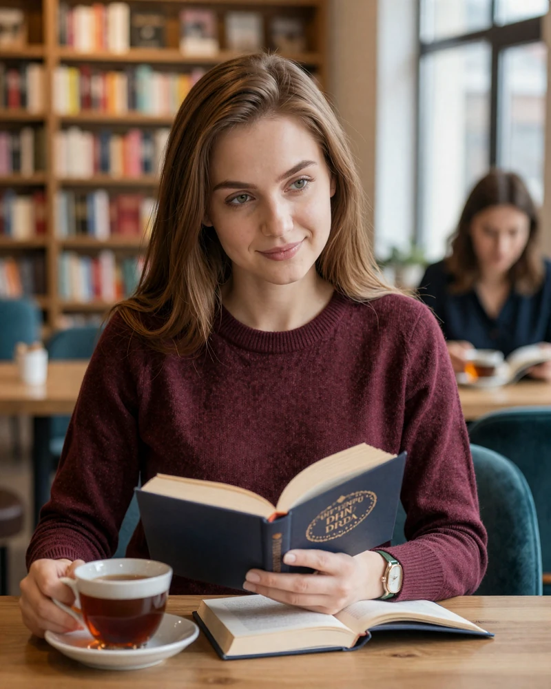 Belarusian woman in burgundy sweater reading in Minsk bookshop cafe representing calm East Slavic home-oriented culture