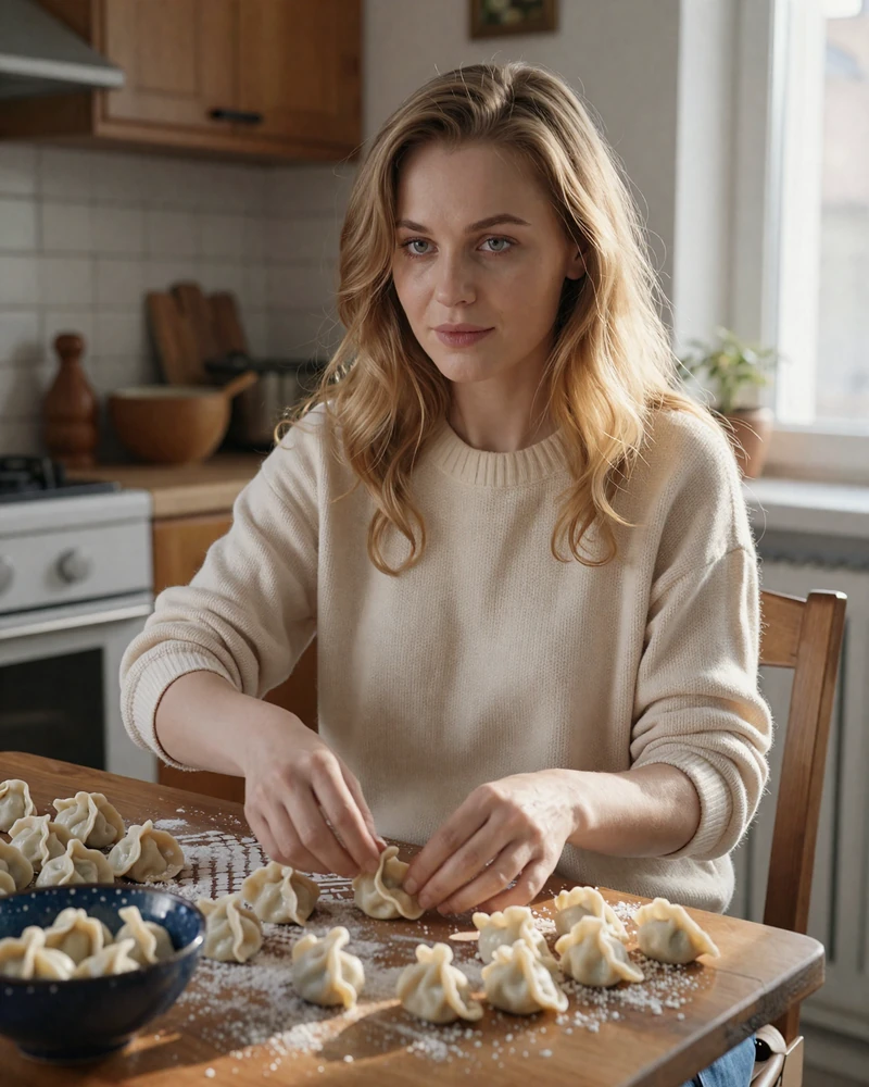 Russian woman preparing traditional pelmeni in warm St Petersburg apartment showing family-oriented culture